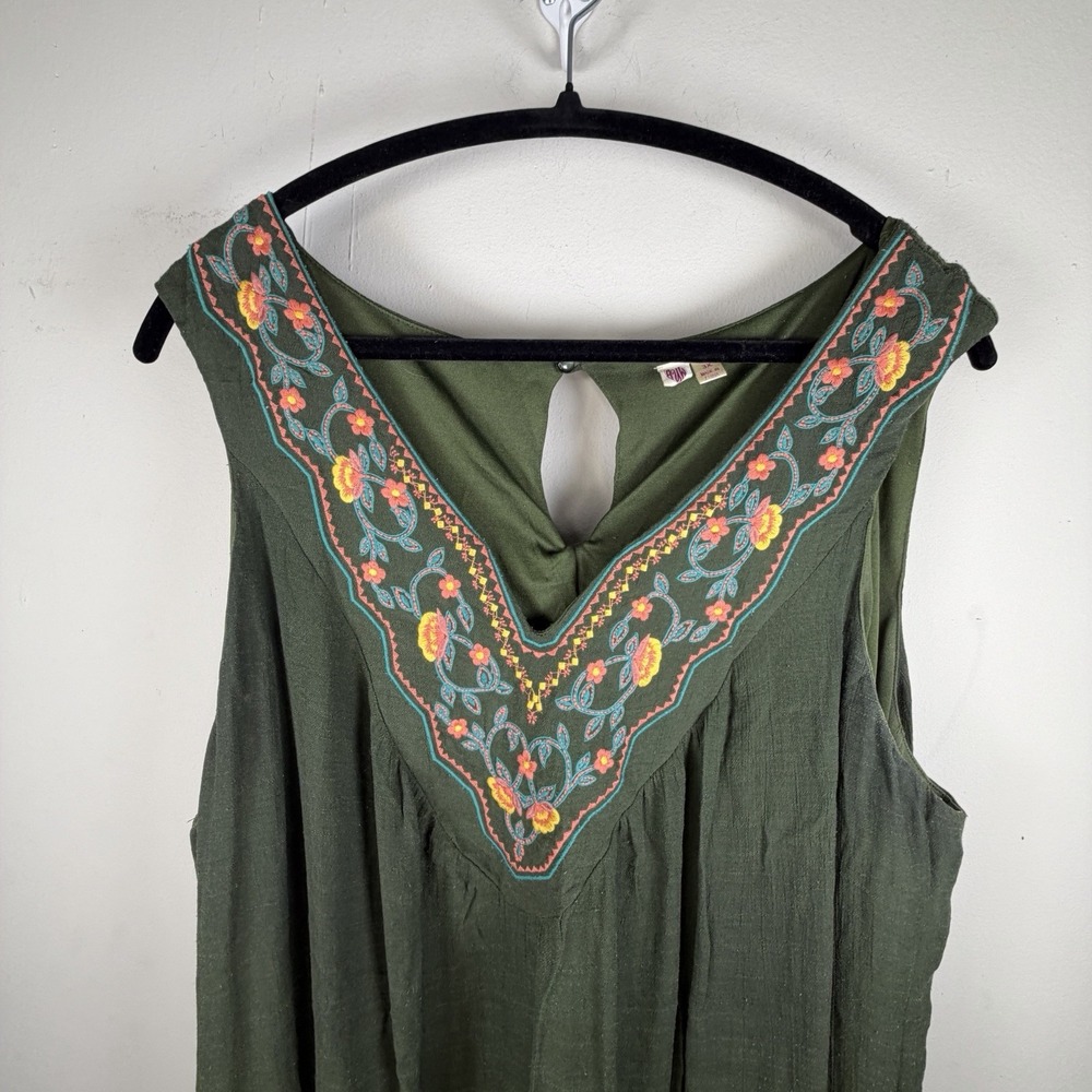 AUW MIDI Dress Floral‎ Print V Neck Embroidered Plus 3X Green Sleeveless Boho - Picture 4 of 10